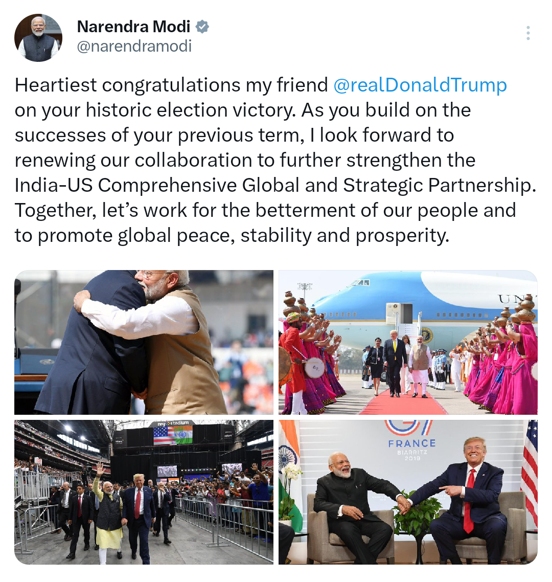 Donald Trump is congratulated by Prime Minister Narendra Modi on winning the US election in 2024